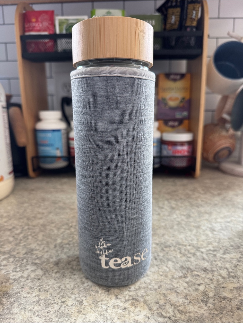 tease Grey Bamboo-Top Glass Tea Bottle with Sleeve
